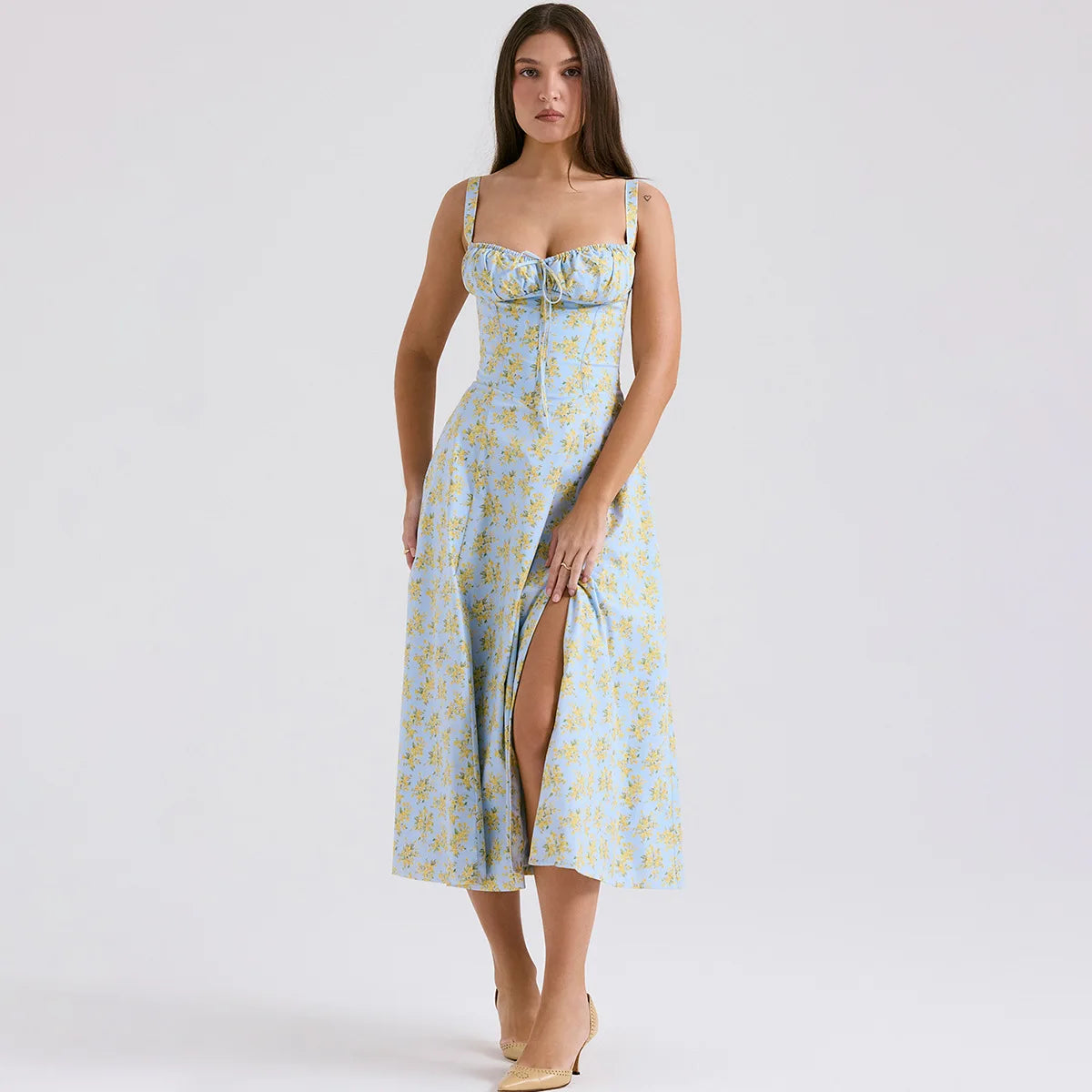 Floral Print Spaghetti Strap Midi Dress with Slit - Cottagecore Style