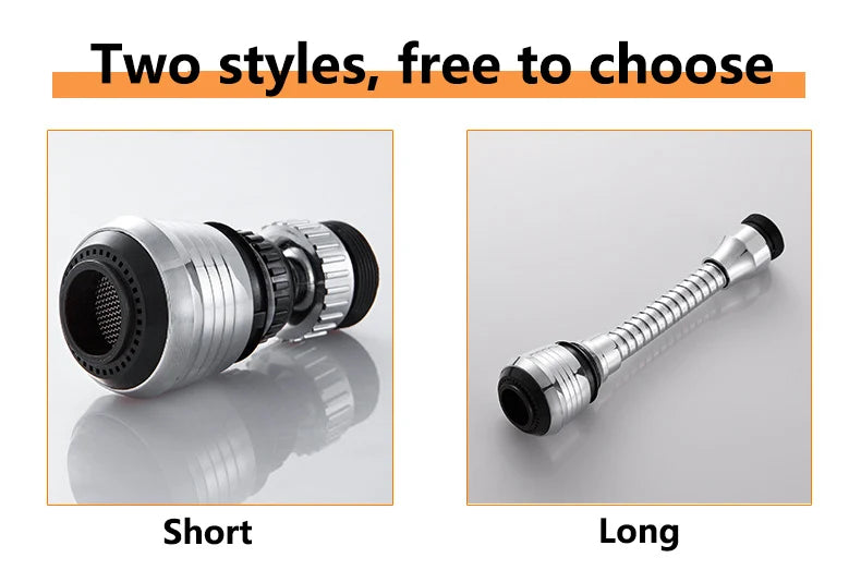 Two styles of a metallic faucet extension with 'Short' and 'Long' labels on a gray background.