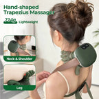 Hand-shaped trapezius massager being used on a person's neck and shoulder with additional insets showing its use on the leg.
