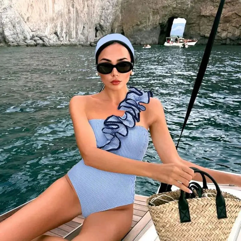 One Shoulder Ruffle Swimsuit - Stripe Print Beachwear