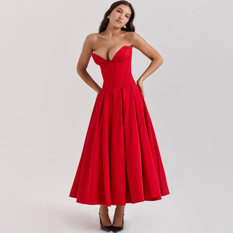 Strapless Corset Midi Dress - Cottagecore Style (Colorful)