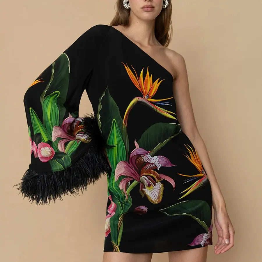 Floral Print One-Shoulder Feather Sleeve Maxi Dress