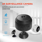 Black surveillance camera with features listed on a white background