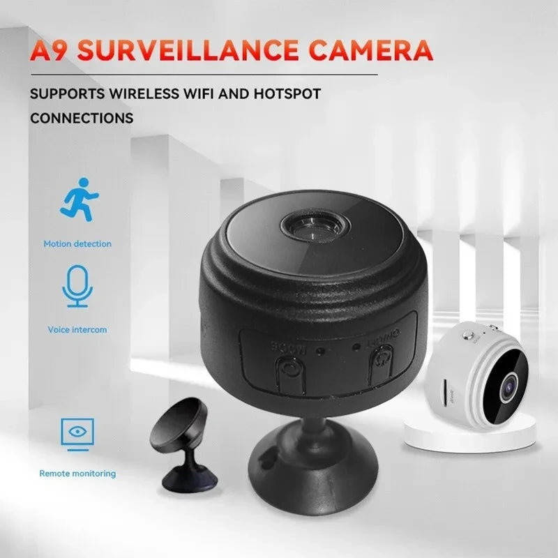 Black surveillance camera with features listed on a white background