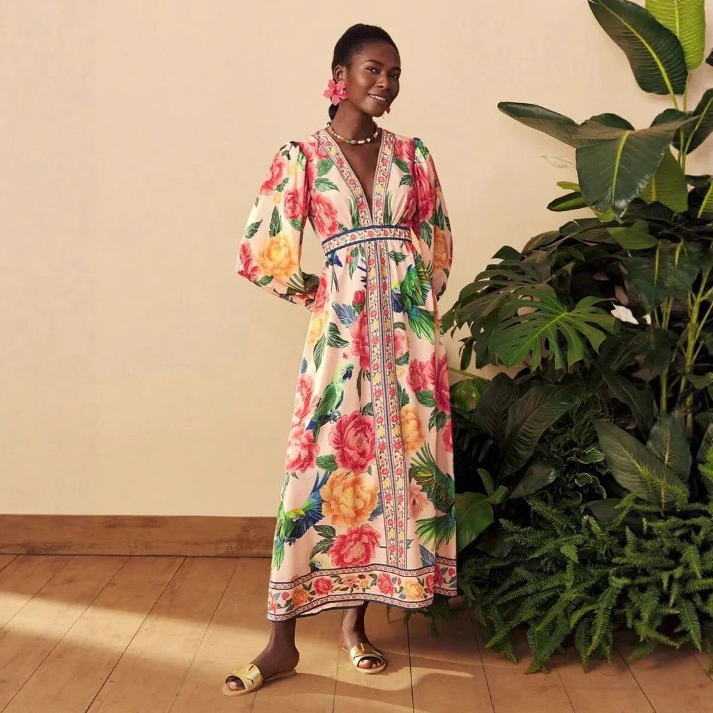 Bohemian Lantern Sleeve Midi Dress - V-Neck Loose Fit Dress