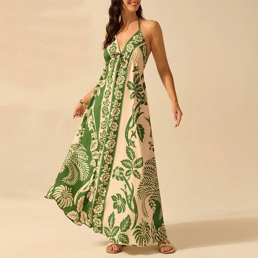Graphic Print Halter Maxi Dress - Lace-Up Back Dress