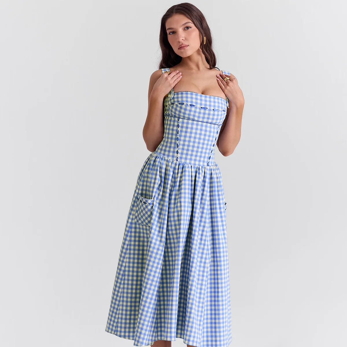 Plaid Spaghetti Strap Maxi Dress with Pockets - Cottagecore Style