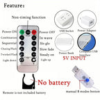 Remote control and USB cable with features listed on a white background