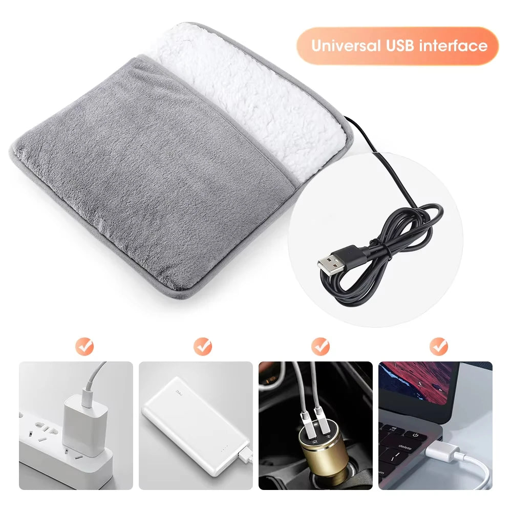 Gray heating pad with USB cable on a white background, featuring a universal USB interface.