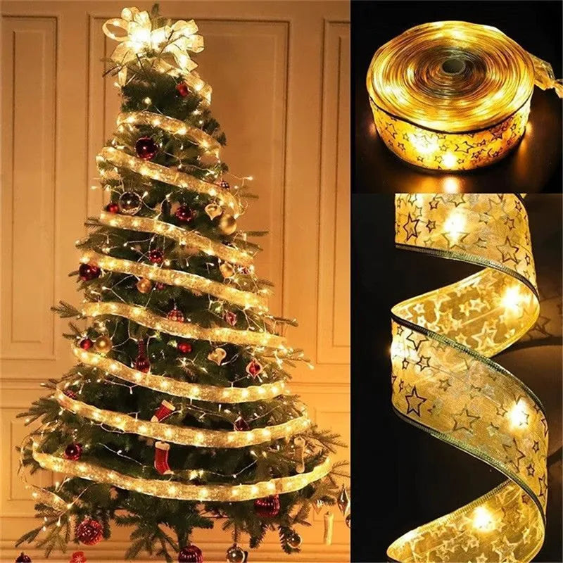 Decorative LED strip lights on a Christmas tree with close-up shots of the lights.