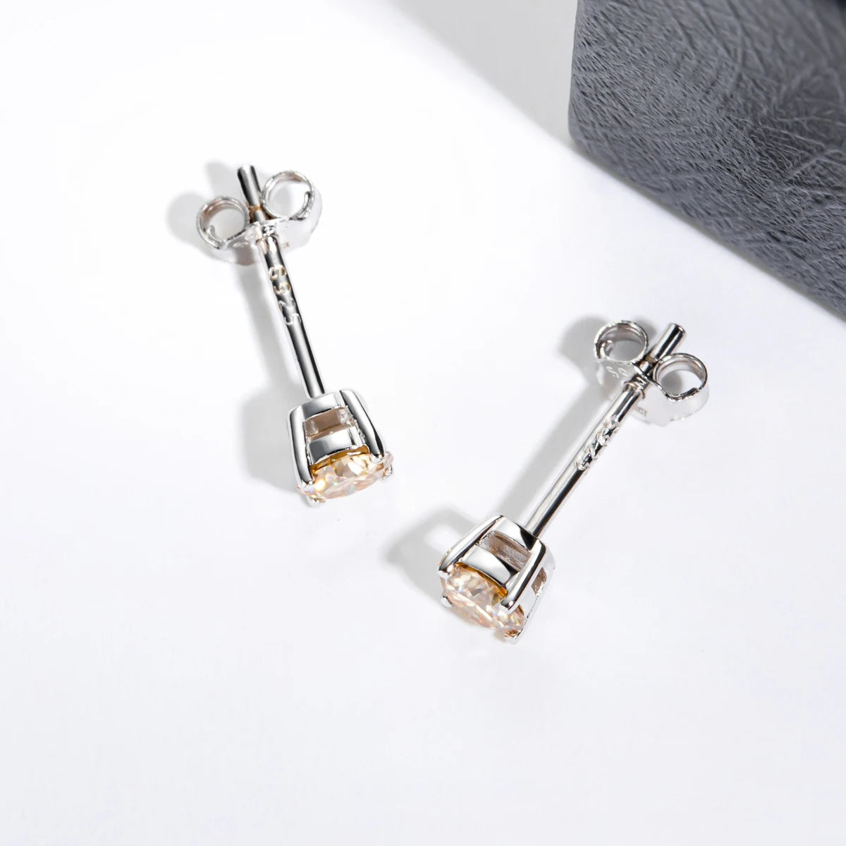 4mm Champagne Moissanite Stud Earrings - 925 Silver 18K Gold Plated