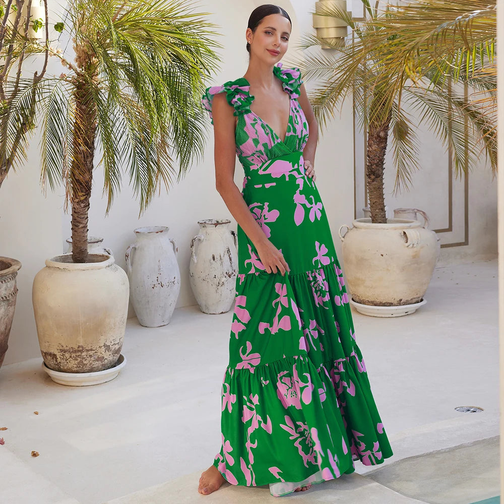 Ruffle Shoulder Print Swimsuit - Elegant Beachwear