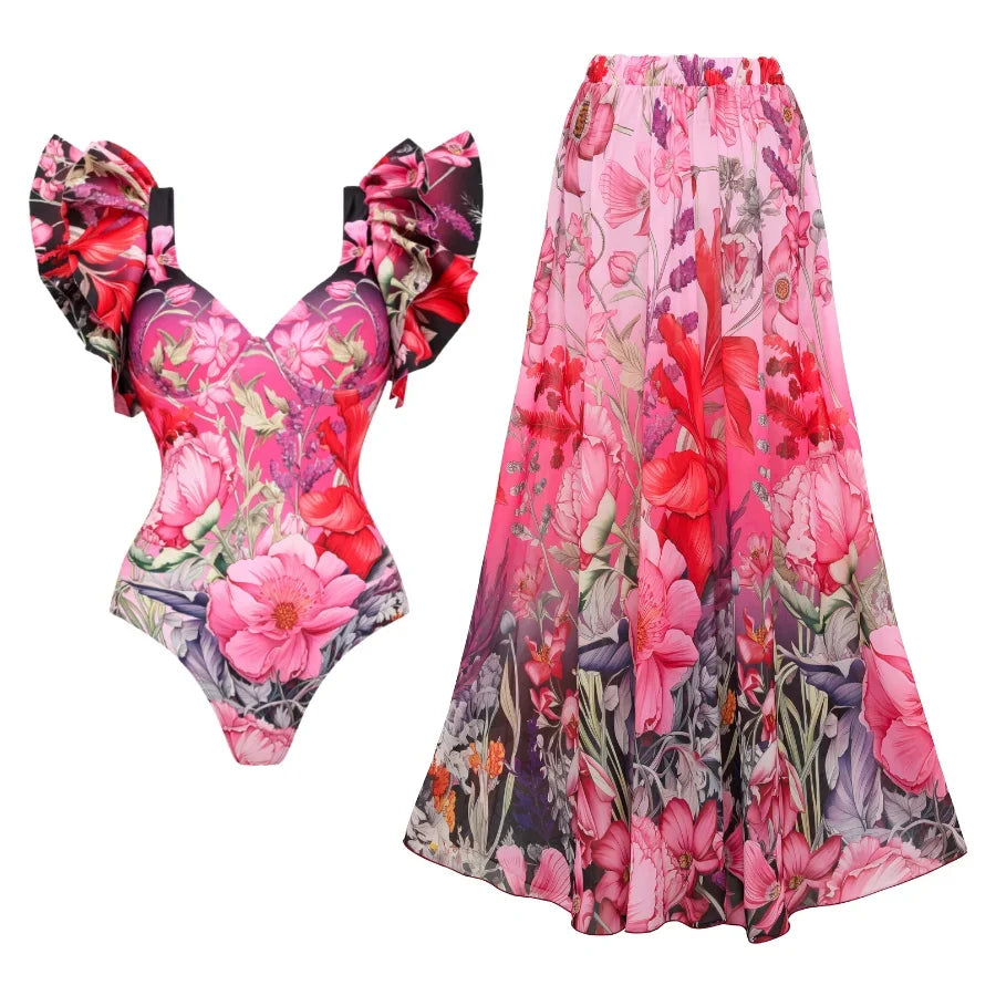 Blooming Flowers Print Swimsuit - Ruffled Beachwear
