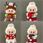 Four plush toys in different outfits on a gray background