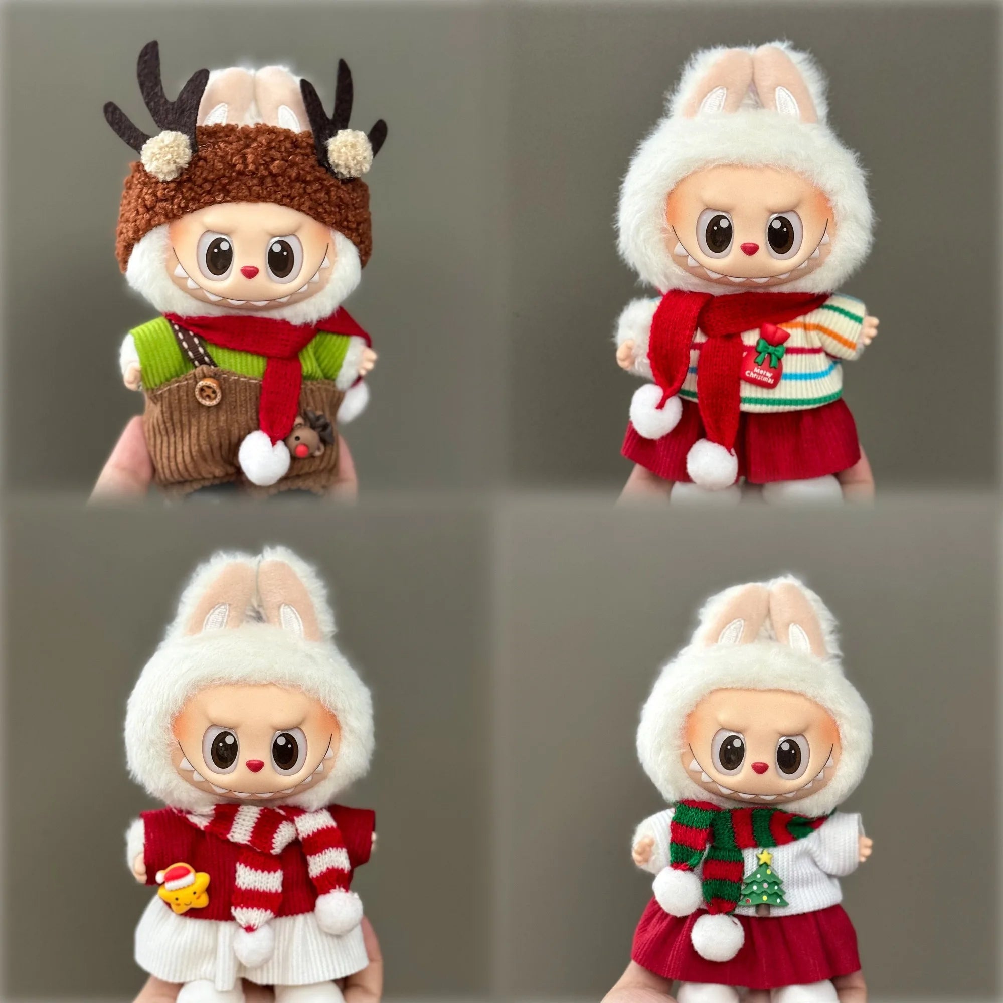 Four plush toys in different outfits on a gray background