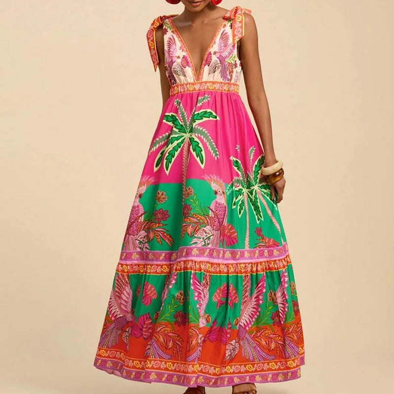 Floral Print Off-Shoulder Maxi Dress - Pleated Sleeveless V-Neck