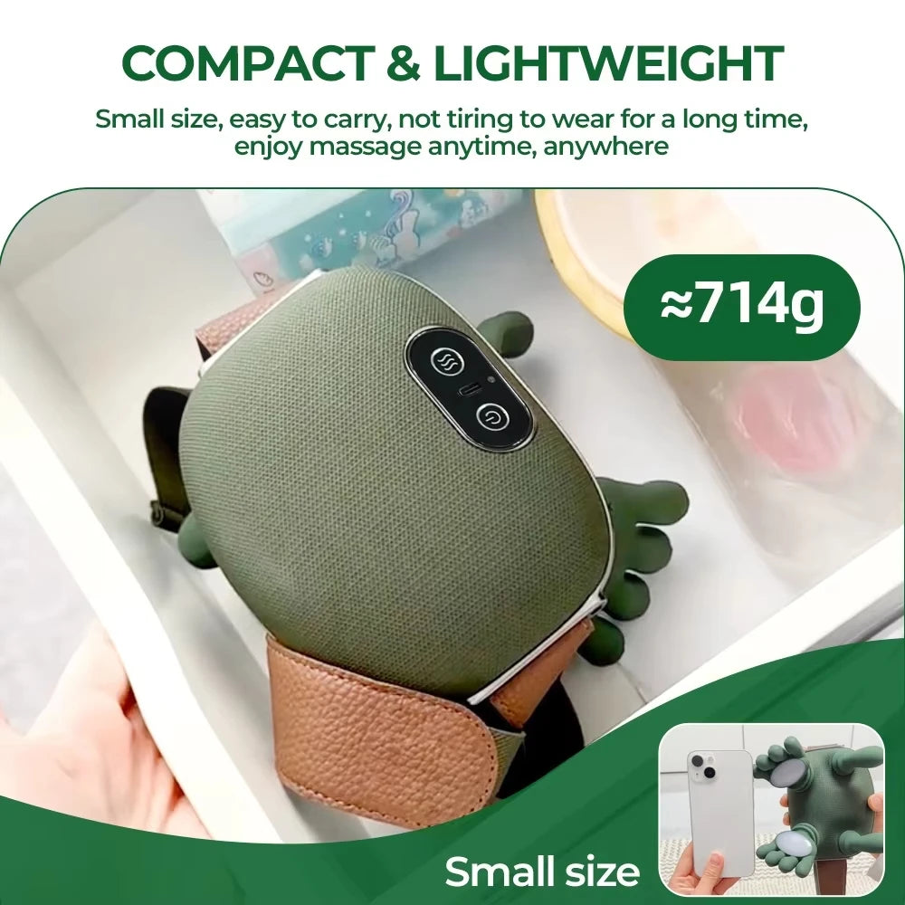 Green massage device with brown strap on a white background, labeled as compact and lightweight.