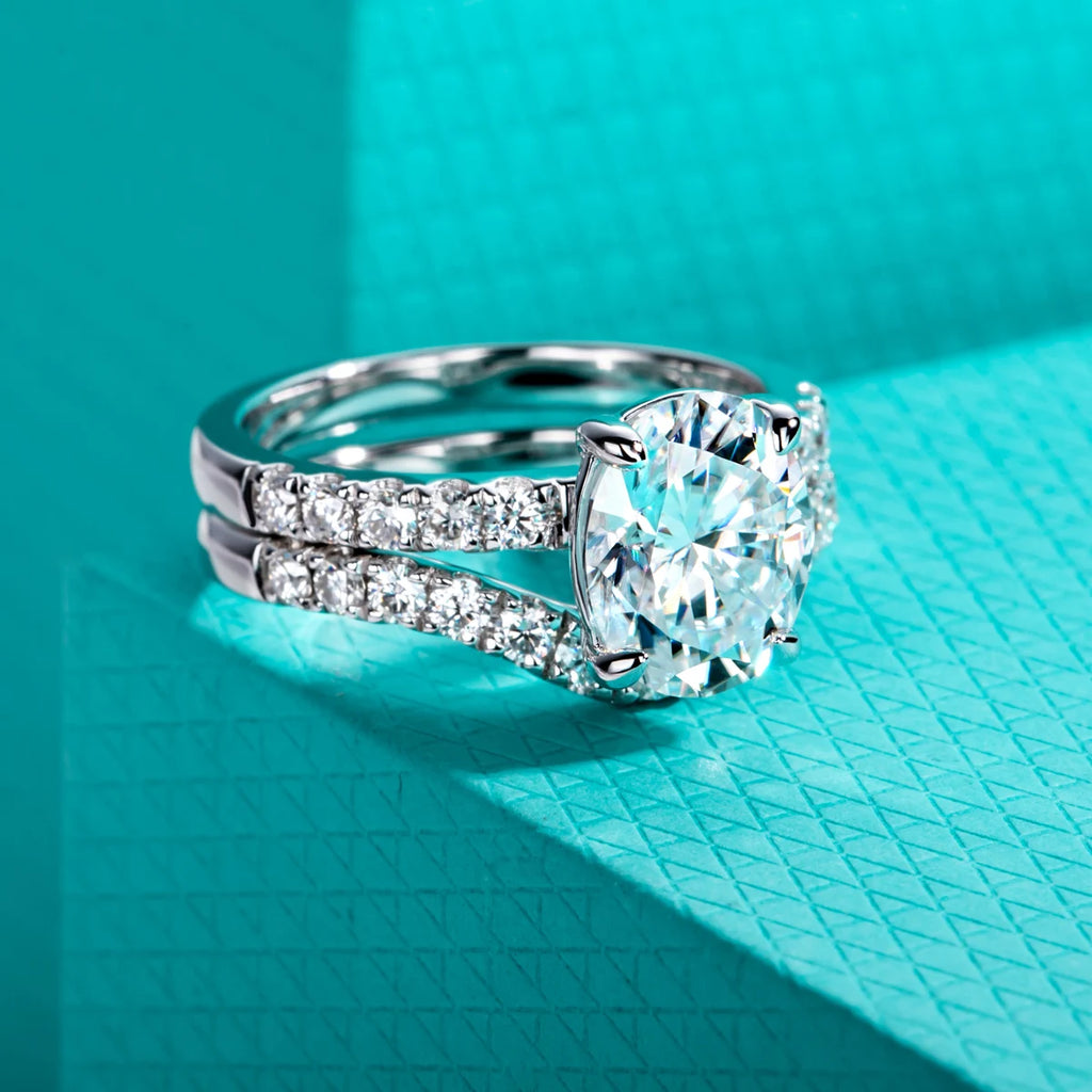 3.64ct Oval Cut D-Color Moissanite Bridal Ring Set - 925 Sterling Silver
