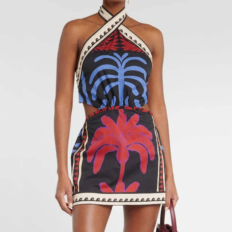 Printed Halter Mini Dress - Lace-Up Backless Bohemian Summer Dress