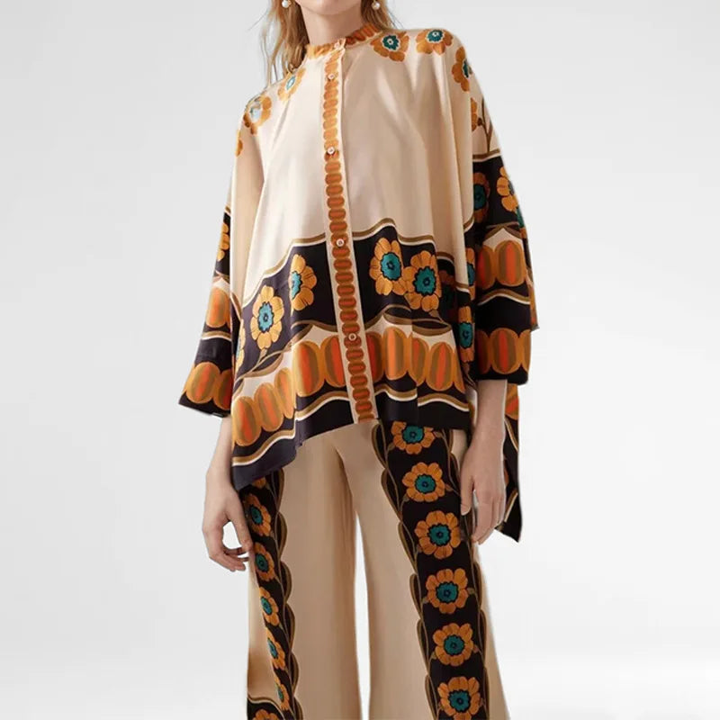 Woman wearing a patterned outfit with a beige background