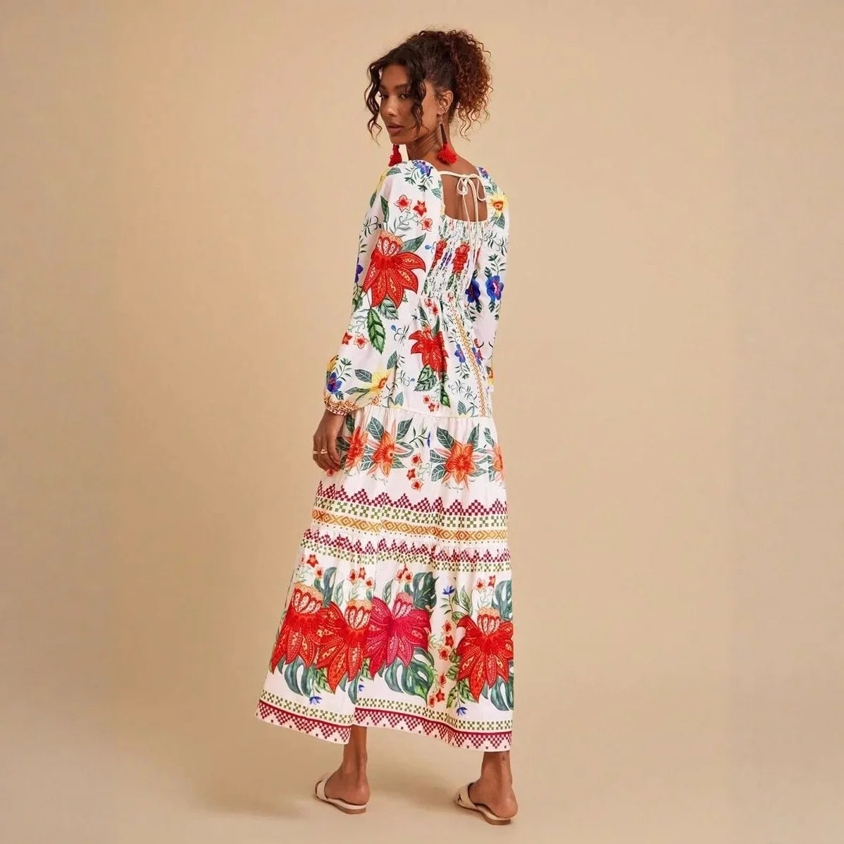 Floral Print V-Neck Maxi Dress - Long Sleeve Empire Waist