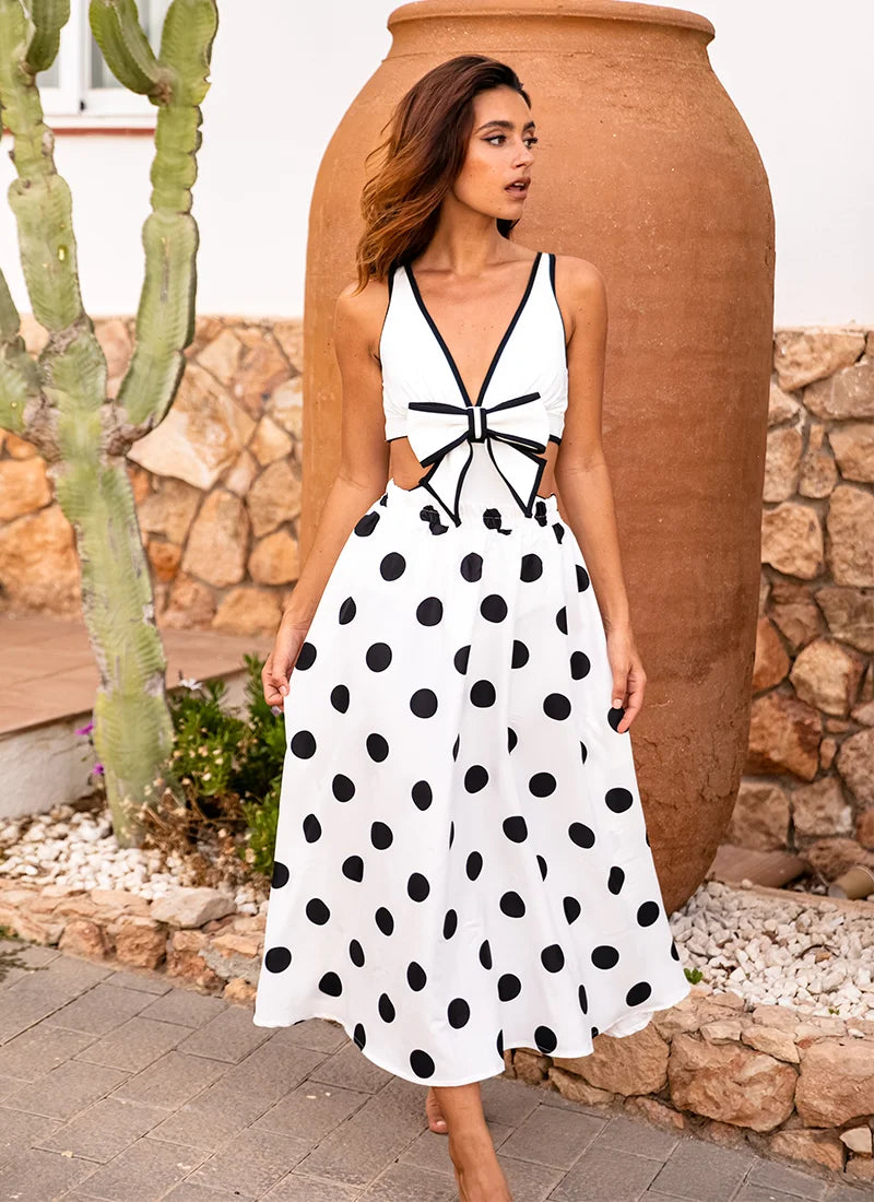 3D Bow-Tie Decor Swimsuit - Black and White Beachwear