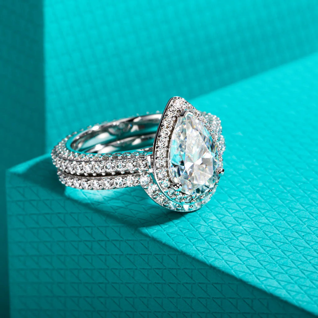 4.83ct Pear Cut D-Color Moissanite Halo Bridal Ring Set - 925 Sterling Silver