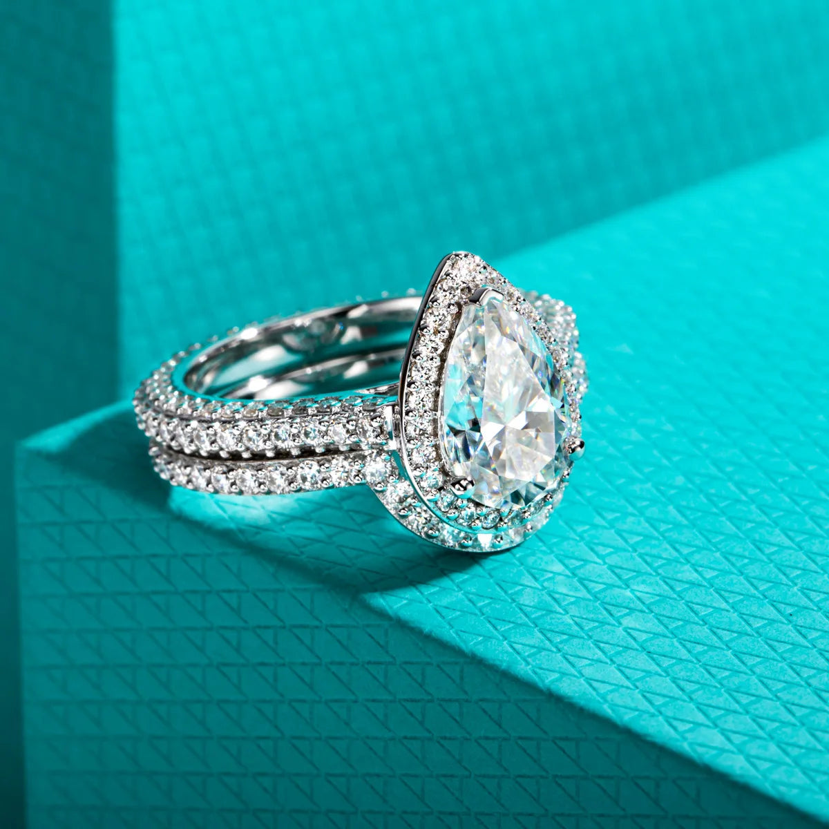 4.83ct Pear Cut D-Color Moissanite Halo Bridal Ring Set - 925 Sterling Silver