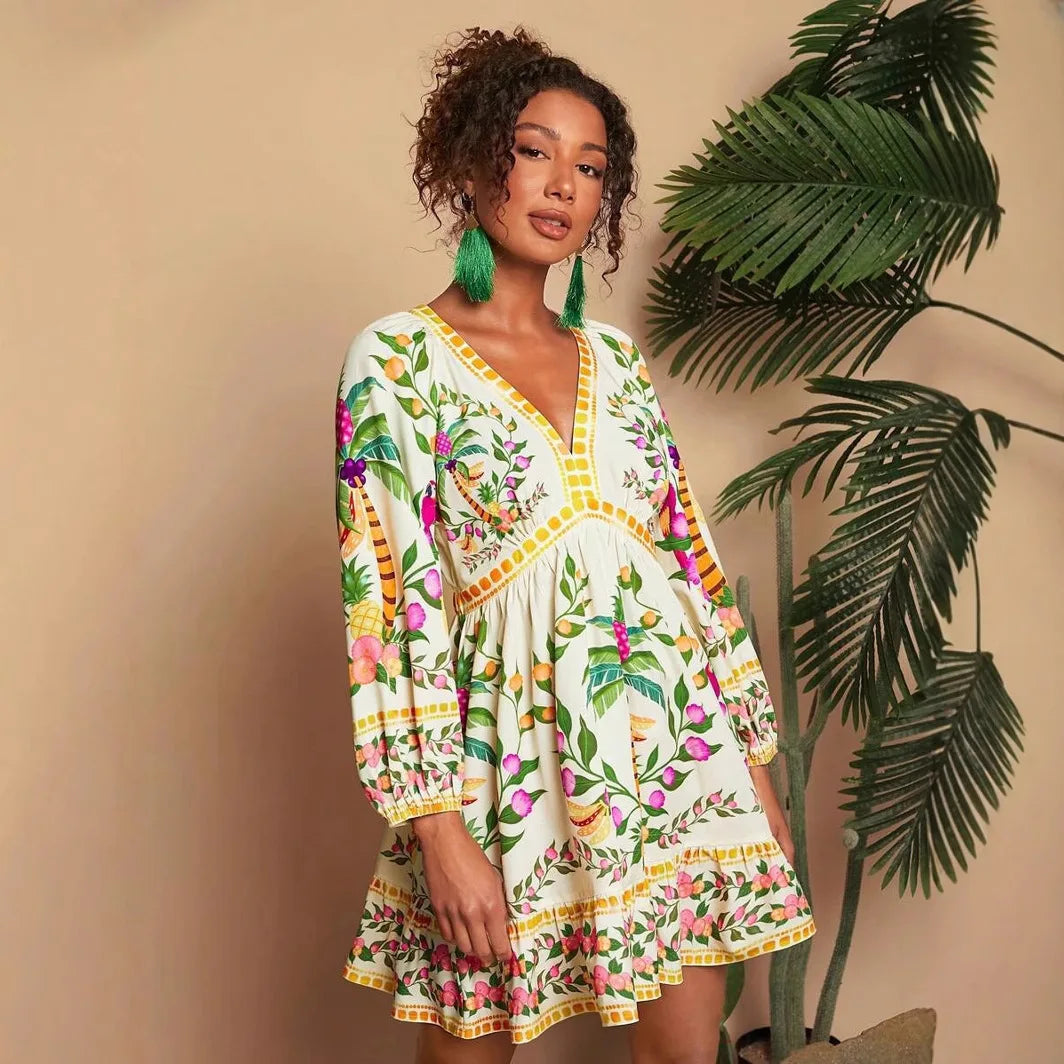 Floral Print V-Neck Midi Dress - 3/4 Sleeve High Waist Boho