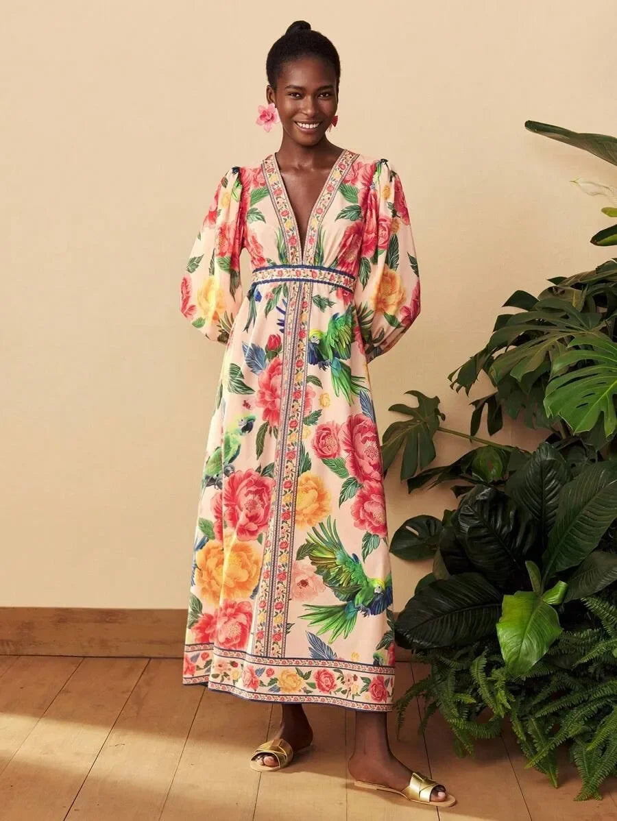 Bohemian Lantern Sleeve Midi Dress - V-Neck Loose Fit Dress