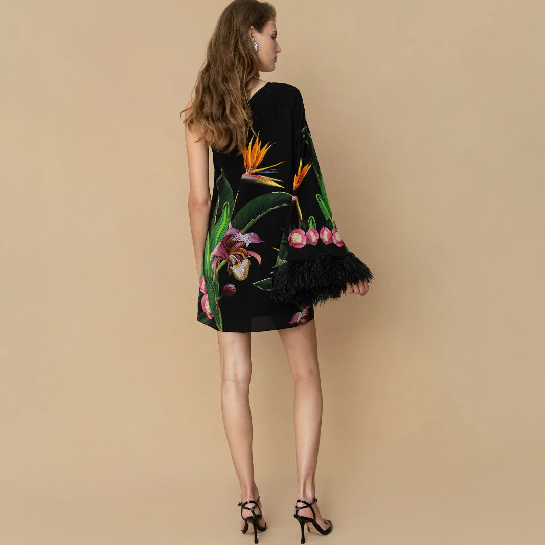 Floral Print One-Shoulder Feather Sleeve Maxi Dress