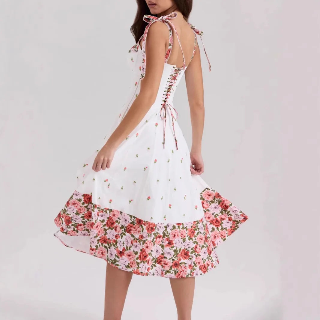 Floral Print Lace-Up Back Midi Dress - Cottagecore Style