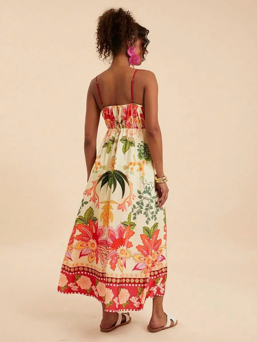 Floral Print Off-Shoulder Maxi Dress - Spaghetti Strap A-Line