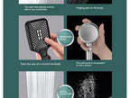 Product display with handheld shower heads and text describing features and user experiences.