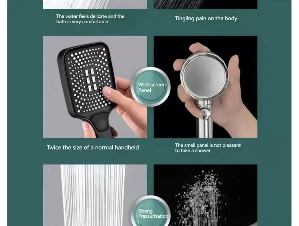 Product display with handheld shower heads and text describing features and user experiences.
