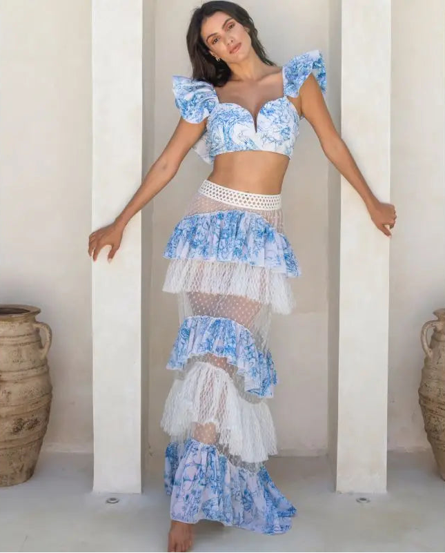 Ruy Print Bikini Set - Net Yarn Tiered Skirt Swimwear