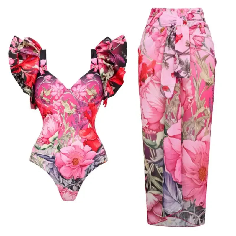 Blooming Flowers Print Swimsuit - Ruffled Beachwear