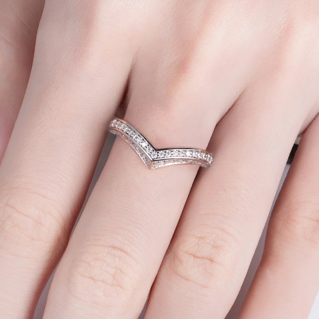 2mm Moissanite V-Shape Wedding Band - Sterling Silver Chevron Ring