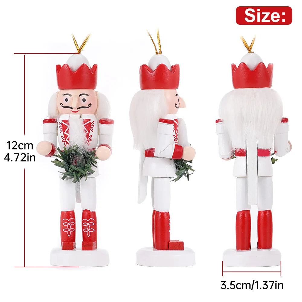 Three Christmas nutcrackers in red and white with measurements on a white background