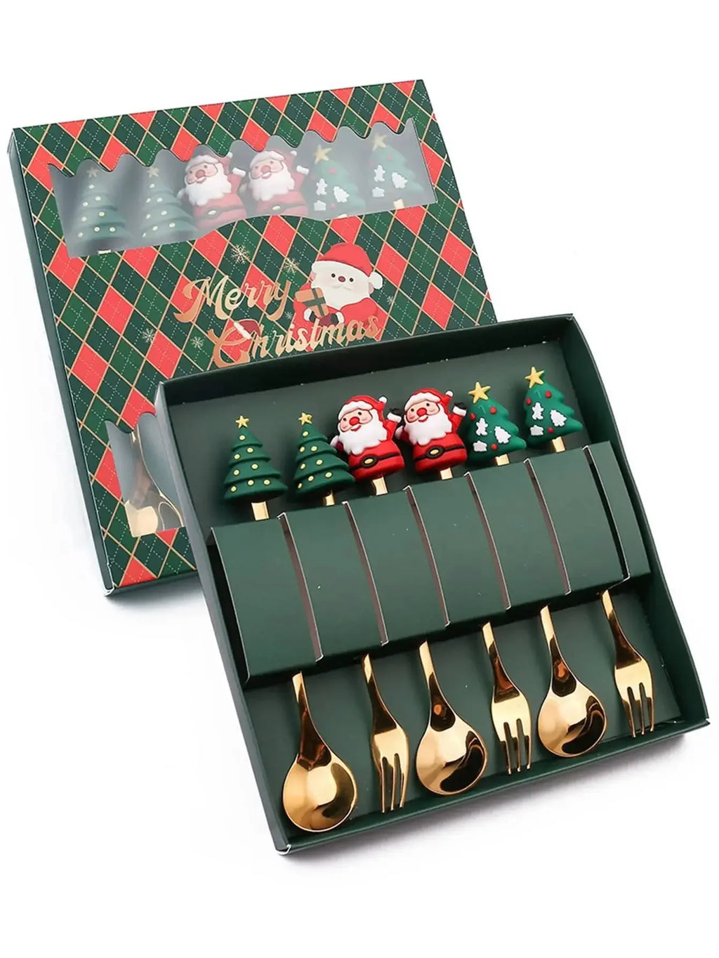 Set of gold cutlery with Christmas-themed packaging featuring Santa Claus and trees.