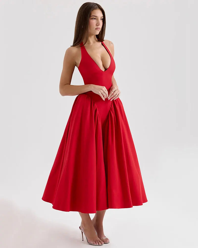 Backless Halter Midi Dress - Cottagecore Style