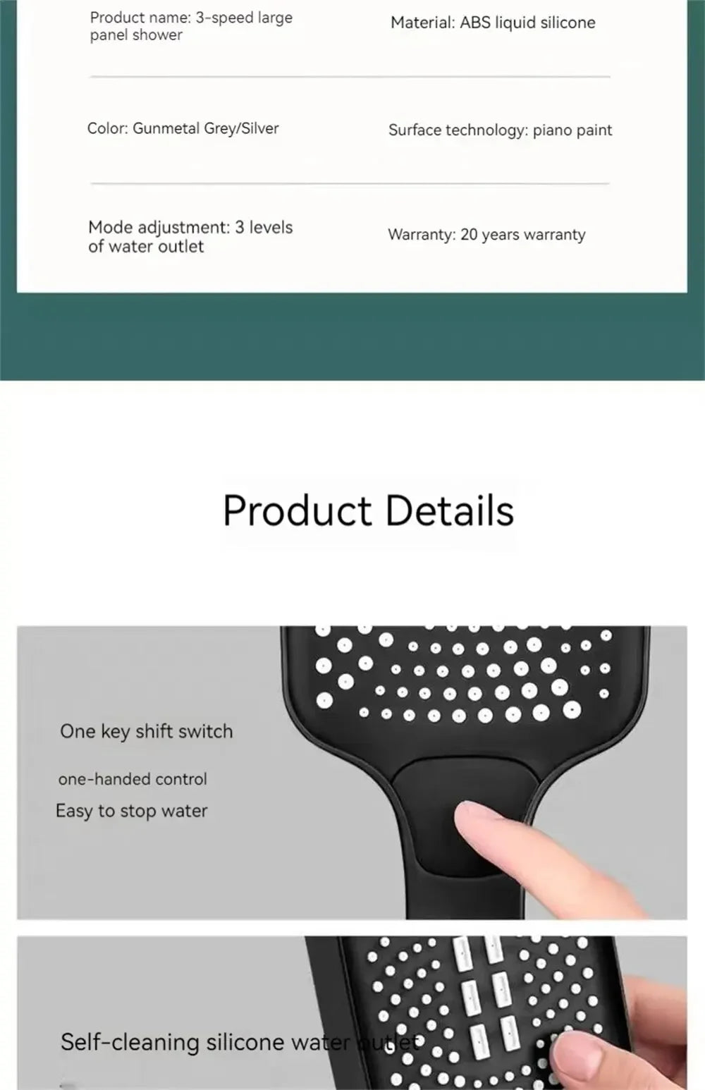 Product details of a 3-speed large panel shower with features listed.