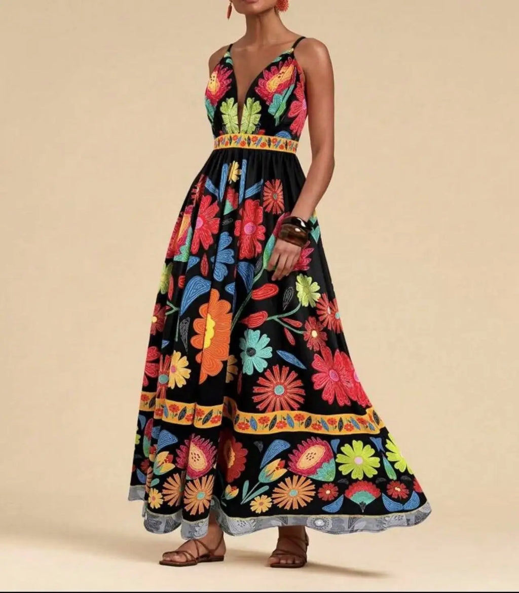 Printed Halter Maxi Dress Set - Bold V-Neck Summer Dress
