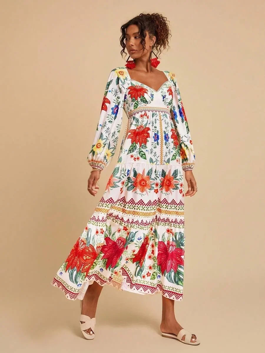Floral Print V-Neck Maxi Dress - Long Sleeve Empire Waist