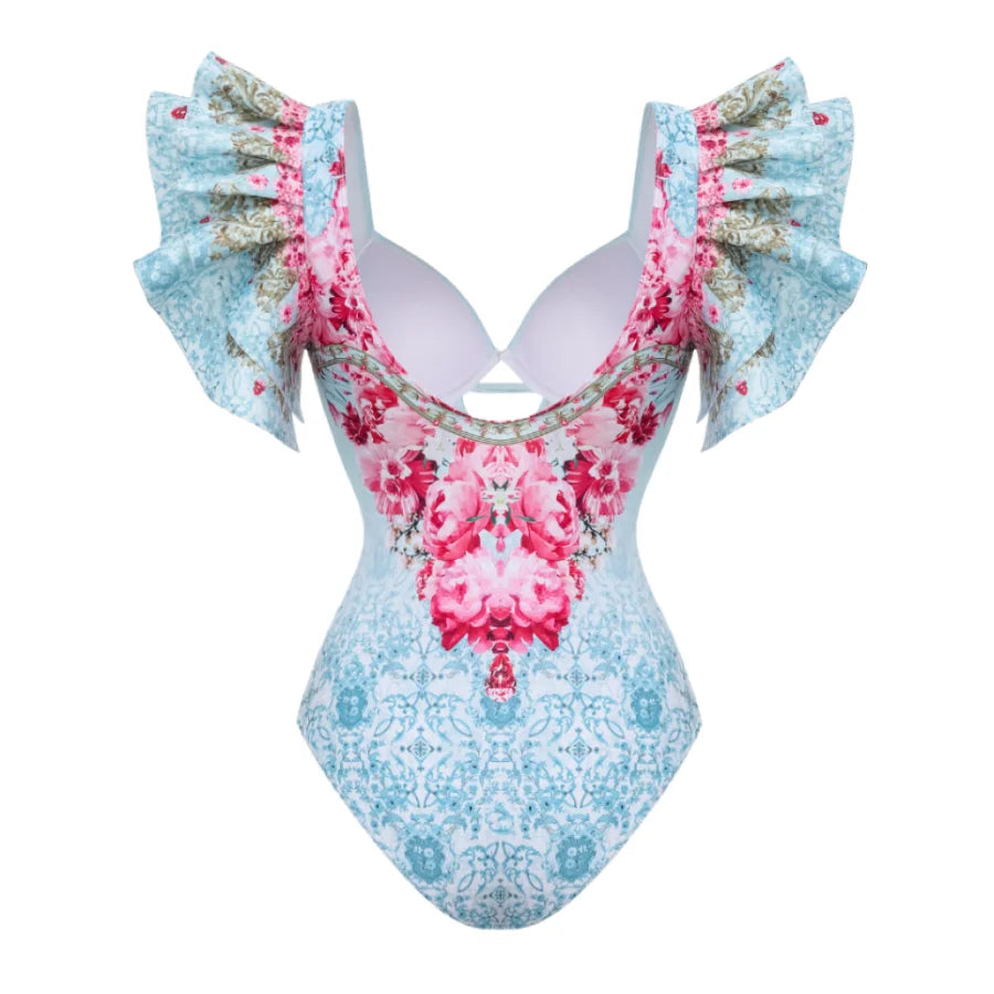 Lemon Floral Print Swimsuit - Ruffle Cutout Beachwear