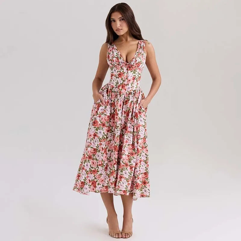 Print A-Line Midi Dress with V-Neck - Cottagecore Style