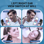 Collage of a person using ear cleaning tools from different angles with text indicating left/right ear view switch.