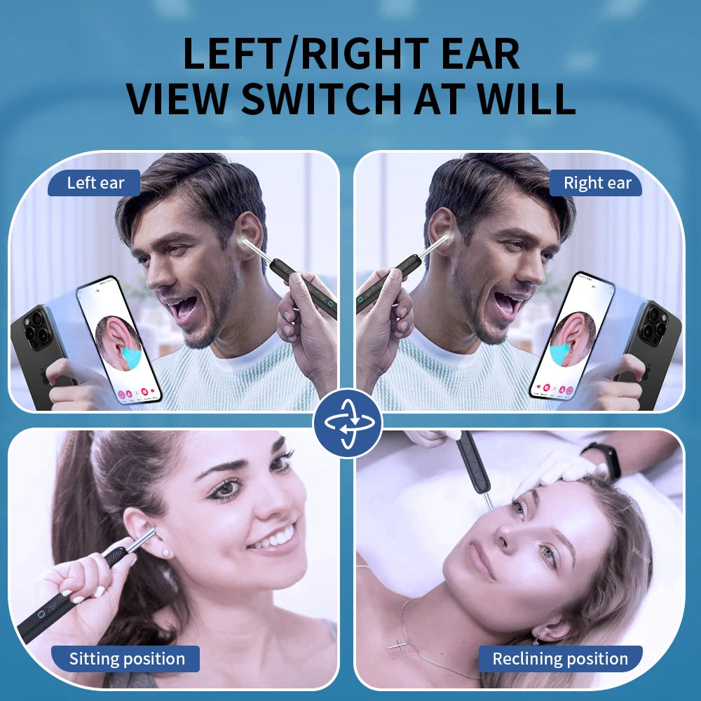 Collage of a person using ear cleaning tools from different angles with text indicating left/right ear view switch.