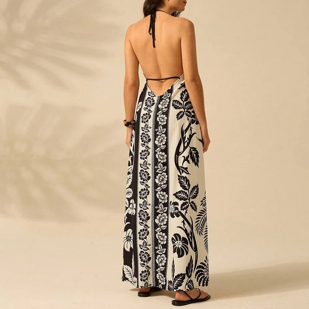 Graphic Print Halter Maxi Dress - Lace-Up Back Dress