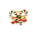 Colorful bow-shaped ring with gold trim on a white background
